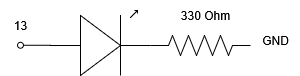 Simple Arduino circuit diagram showing an LED connected to pin 13 from its anode, and connected to a resistor that is grounded from its cathode.